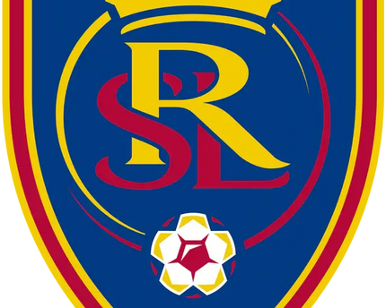 Logo a scudo blu di real salt lake fc con corona oro sopra lettere stilizzate rsl rosse e gialle e pallone da calcio bianco e rosso