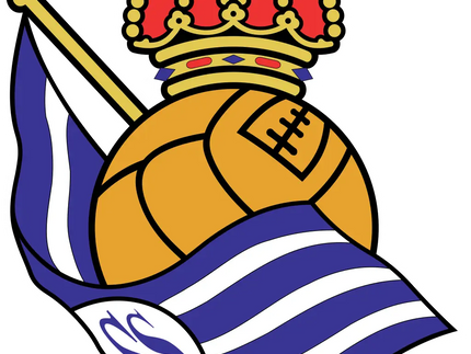 L’emblema della real sociedad con un pallone da calcio dorato e corona rosso oro su bandiera a righe blu e bianche