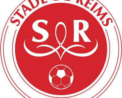 Logo circolare rosso e bianco di stade de reims con iniziali sr e pallone da calcio datato depuis 1931