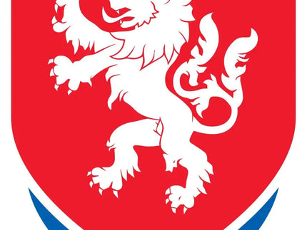 Emblema a scudo rosso con leone rampante bianco coronato e dettagli blu e bianchi nella collezione repubblica ceca