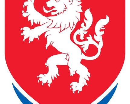 Emblema a scudo rosso con leone rampante bianco coronato e dettagli blu e bianchi nella collezione repubblica ceca
