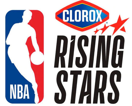 Il logo nba rising stars presenta una silhouette bianca di un giocatore su sfondo rosso e blu con il marchio clorox nero