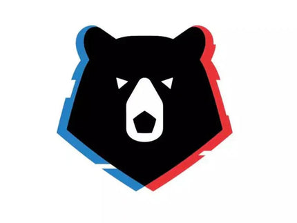 Logo testa di orso nero con contorni frastagliati blu e rossi nella collezione russian prem’er liga