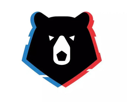 Logo testa di orso nero con contorni frastagliati blu e rossi nella collezione russian prem’er liga