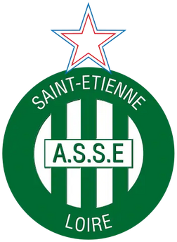 Emblema circolare verde con strisce verticali bianche stella rossa e blu testo saint-etienne loire collection saint-étienne