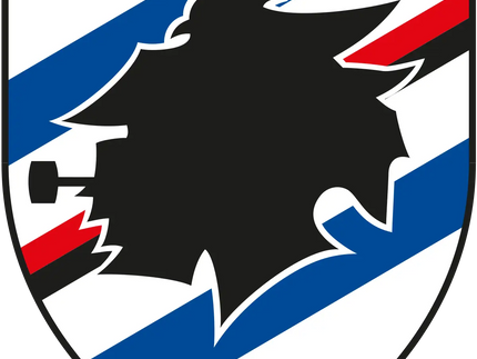 Emblema testa di lupo nero su scudo con strisce diagonali blu e bianche accentate di rosso nella collezione sampdoria