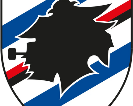 Emblema testa di lupo nero su scudo con strisce diagonali blu e bianche accentate di rosso nella collezione sampdoria