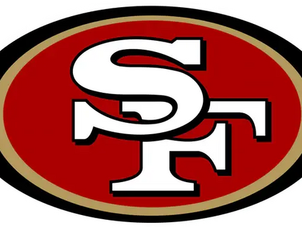Il logo iconico dei san francisco 49ers con lettere sf bianche su ovale rosso con bordo oro e nero nella collezione san francisco 49ers