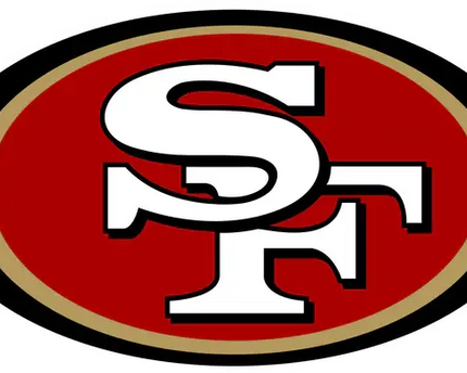 Il logo iconico dei san francisco 49ers con lettere sf bianche su ovale rosso con bordo oro e nero nella collezione san francisco 49ers