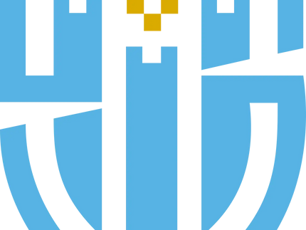 Crest del san marino football club con scudo azzurro, bordi neri a castello e emblema giallo a forma di v.