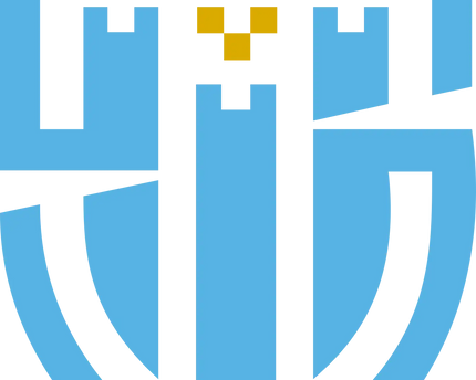 Crest del san marino football club con scudo azzurro, bordi neri a castello e emblema giallo a forma di v.