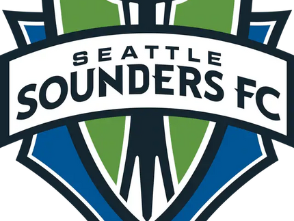 Logo ufficiale del seattle sounders fc con scudo verde e blu e silhouette del space needle al centro