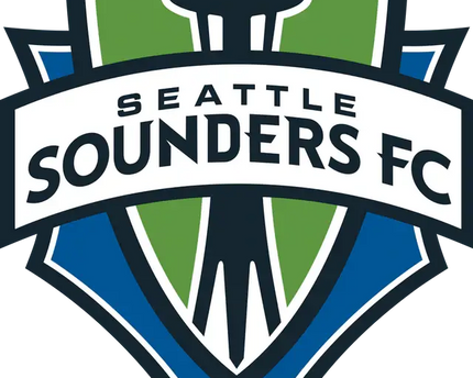 Logo ufficiale del seattle sounders fc con scudo verde e blu e silhouette del space needle al centro