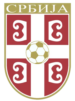 Emblema serbia con scudo a strisce rosse e bianche e pallone da calcio dorato al centro
