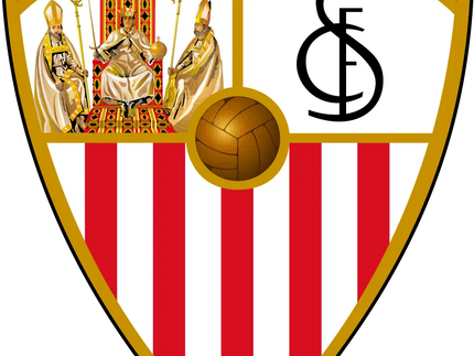 Lo stemma ufficiale del sevilla fc con scudo a strisce rosse e bianche bordo dorato e iniziali sfc nere