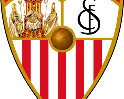 Lo stemma ufficiale del sevilla fc con scudo a strisce rosse e bianche bordo dorato e iniziali sfc nere