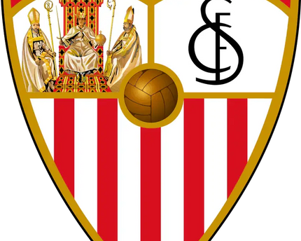 Il crest ufficiale del sevilla fc con scudo a strisce rosse e bianche bordato doro e iniziali sfc nere