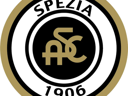 Il crest ufficiale dello spezia calcio con design circolare nero e oro e le iniziali sfc al centro.