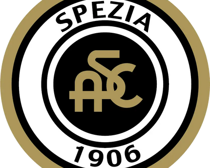 Il crest ufficiale dello spezia calcio con design circolare nero e oro e le iniziali sfc al centro.
