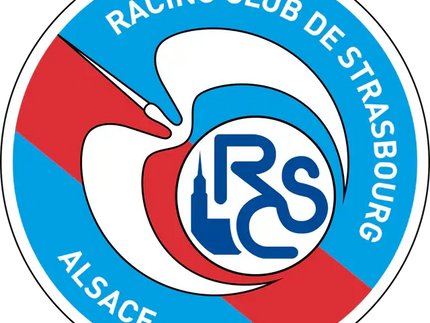 Il logo circolare del racing club de strasbourg alsace con un cavallo bianco stilizzato su sfondo blu e rosso