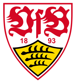 Scudo crest rosso e giallo con scritte stilizzate e motivo a strisce nero e giallo nella collezione stuttgart