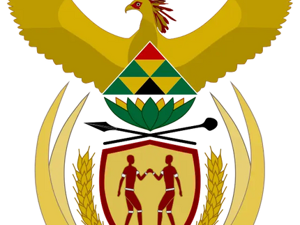 L’emblema nazionale del sudafrica con un’aquila dorata con ali aperte sopra uno scudo con due figure che si tengono per mano flanque da spighe di grano e un raggio di sole radiante