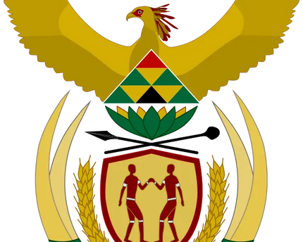 L’emblema nazionale del sudafrica con un’aquila dorata con ali aperte sopra uno scudo con due figure che si tengono per mano flanque da spighe di grano e un raggio di sole radiante