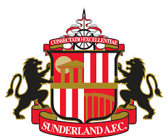 Lo stemma presenta due leoni neri ai lati di uno scudo con strisce rosse e bianche sormontato da una corona e scritto sunderland afc