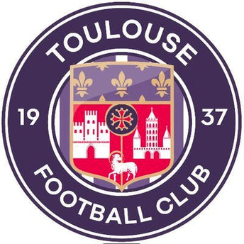 Il crest ufficiale del toulouse football club con scudo viola e rosso, gigli doro e torri bianche su campo rosso.