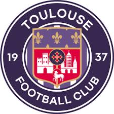 Emblema toulouse con scudo rosso e oro con castello, fiordaliso e stella su sfondo blu scuro circolare