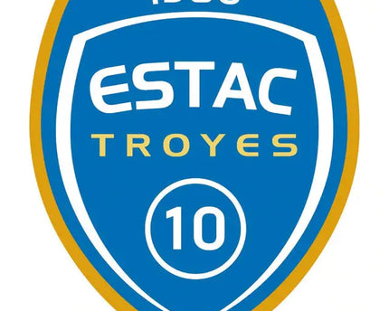 Emblema a scudo blu e oro estac troyes 1986 con cerchio bianco e numero 10 collezione troyes