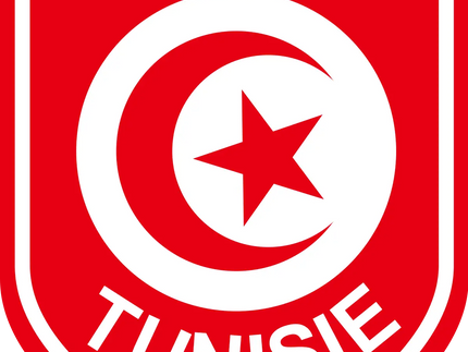 Emblema a forma di scudo rosso e bianco con la mezzaluna e la stella della bandiera tunisina e scritte tunisia in arabo e francese