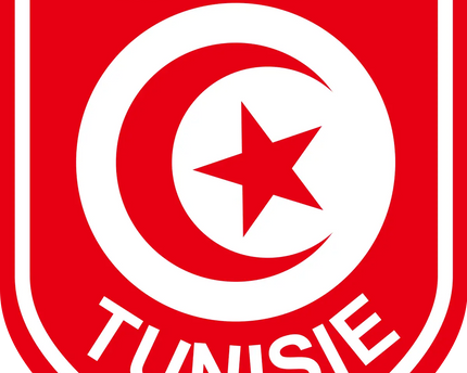 Emblema a forma di scudo rosso e bianco con la mezzaluna e la stella della bandiera tunisina e scritte tunisia in arabo e francese