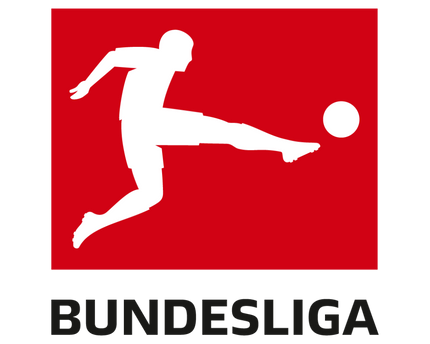 Logo rettangolare rosso con silhouette bianca di calciatore che calcia una palla in tutti i prodotti bundesliga
