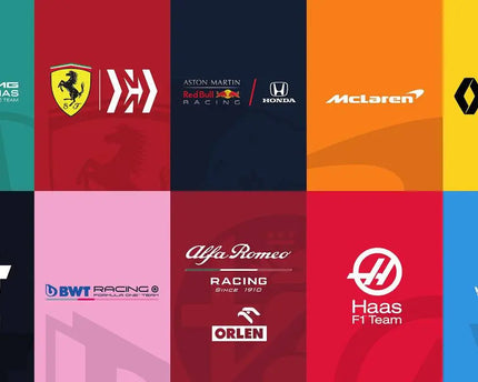 Una collezione di loghi vibranti e colorati delle squadre di formula 1 mostrati in formato griglia tui tutti i prodotti formula 1 moto gp