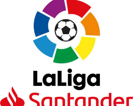 Logo con pallone da calcio bianco e nero al centro circondato da otto segmenti color arcobaleno in tutti i prodotti laliga