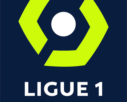 Logo geometrico lime verde con centro bianco e testo ligue 1 e uber eats su sfondo blu scuro in tutti i prodotti ligue 1