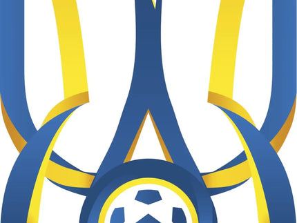 Il logo ufficiale della nazionale di calcio ucraina con tridente blu e giallo e pallone al centro nella collezione ucraina
