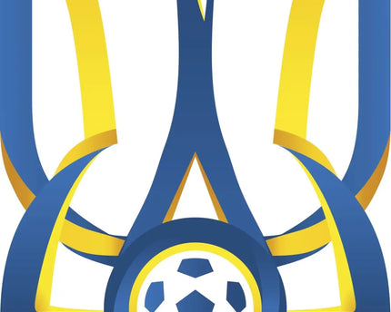 Il logo ufficiale della nazionale di calcio ucraina con tridente blu e giallo e pallone al centro nella collezione ucraina