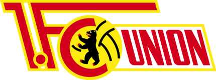 Logo union berlino rosso e giallo con orso nero in emblema circolare numerato 1