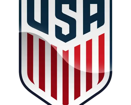 Il crest ufficiale della squadra di calcio usa con scritte blu navy e strisce rosse e bianche su scudo lucido