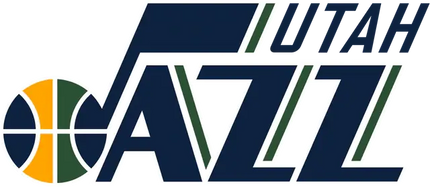 Il logo utah jazz presenta scritte blu navy con accenti verdi e bianchi e una palla da basket stilizzata a sinistra