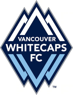Il logo del vancouver whitecaps fc presenta un design a forma di diamante con picchi montuosi blu navy e azzurro.