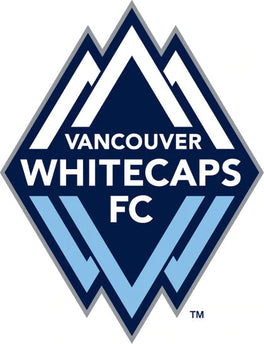 Il logo del vancouver whitecaps fc presenta un design a forma di diamante con picchi montuosi blu navy e azzurro.