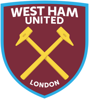 Emblema con martelli incrociati bordeaux e gialli su scudo con west ham united sopra e london sotto