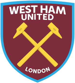 Emblema con martelli incrociati bordeaux e gialli su scudo con west ham united sopra e london sotto