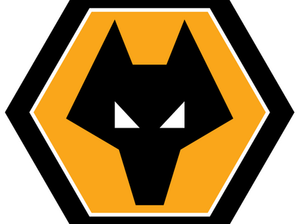 Il crest ufficiale del wolverhampton wanderers con testa di lupo nera su esagono arancione bordato nero e bianco