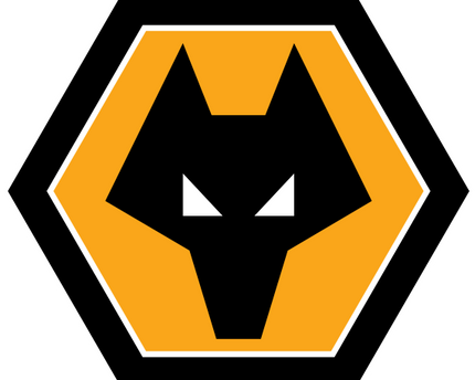 Il crest ufficiale del wolverhampton wanderers con testa di lupo nera su esagono arancione bordato nero e bianco