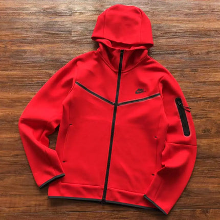 Felpa con cappuccio nike tech fleece rossa con cerniera nera e dettagli in materiale tecnico 2021 22 replica