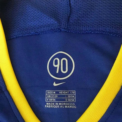 Maglia a maniche lunghe retro boca juniors home 2003 04 blu e gialla con logo 90 bianco sul colletto